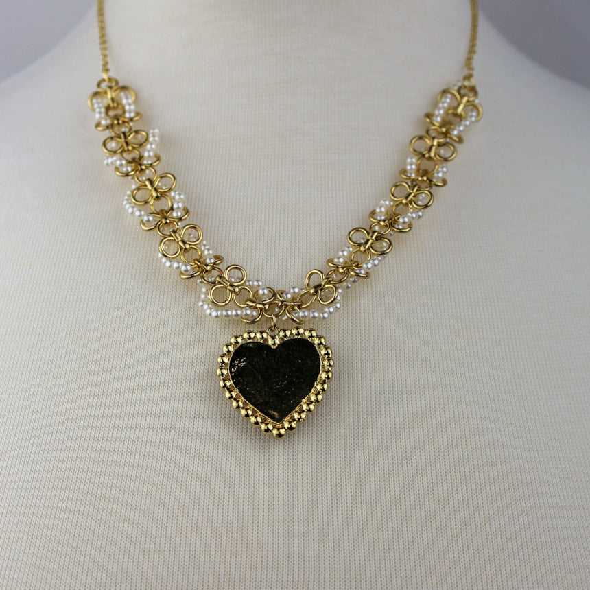 Pearl-Woven Collar Necklace — Gold-Tone Alloy, Heart Drop, back view of the dark beaded heart frame