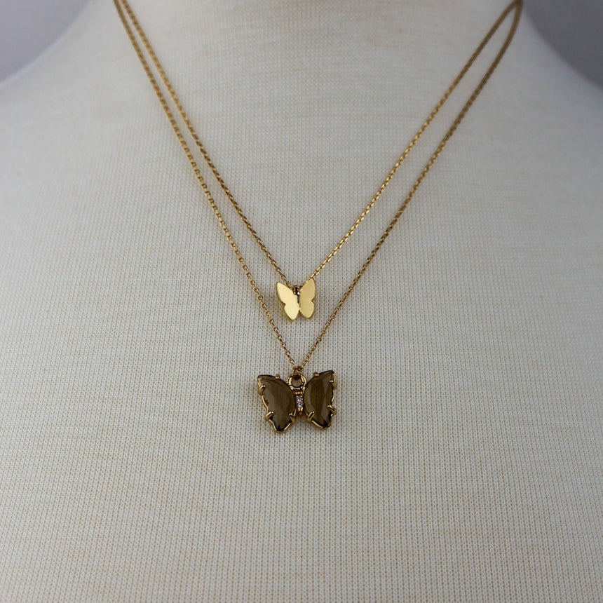 Layered Butterfly Necklace — Gold-Tone Alloy, Two Colorways, Smoky colorway, closer view of both butterflies