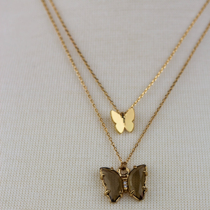 Layered Butterfly Necklace — Gold-Tone Alloy, Two Colorways, Smoky colorway, close-up of the crystal butterfly