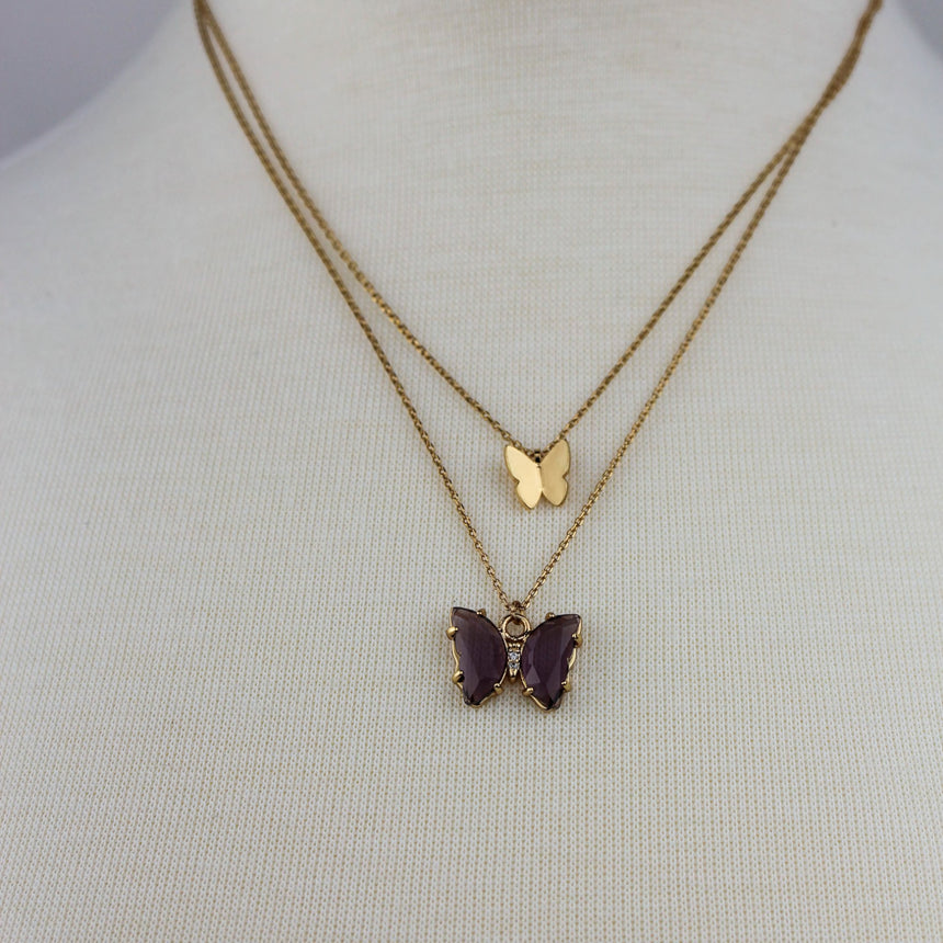 Layered Butterfly Necklace — Gold-Tone Alloy, Two Colorways, Purple colorway, closer view of both butterflies