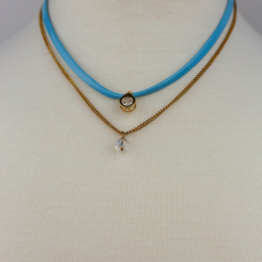 Blue Suede Choker Set — Gold-Tone Chain, Matching Stud Earrings, front view of the suede band and bead drop