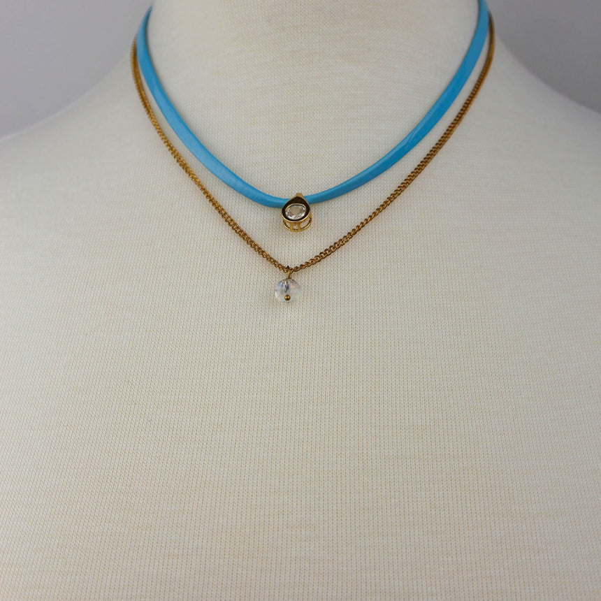 Blue Suede Choker Set — Gold-Tone Chain, Matching Stud Earrings, alternate view of the double layer choker