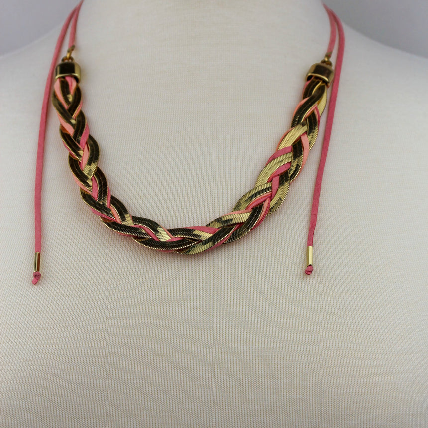 Braided Suede Lariat Necklace — Gold-Tone Chain, Pink Cord Ties, chain side out with tie cords draped