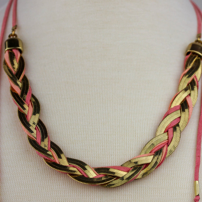 Braided Suede Lariat Necklace — Gold-Tone Chain, Pink Cord Ties, close-up of the chain dominant braid