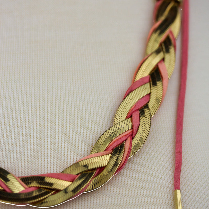 Braided Suede Lariat Necklace — Gold-Tone Chain, Pink Cord Ties, braid detail showing both chain and suede