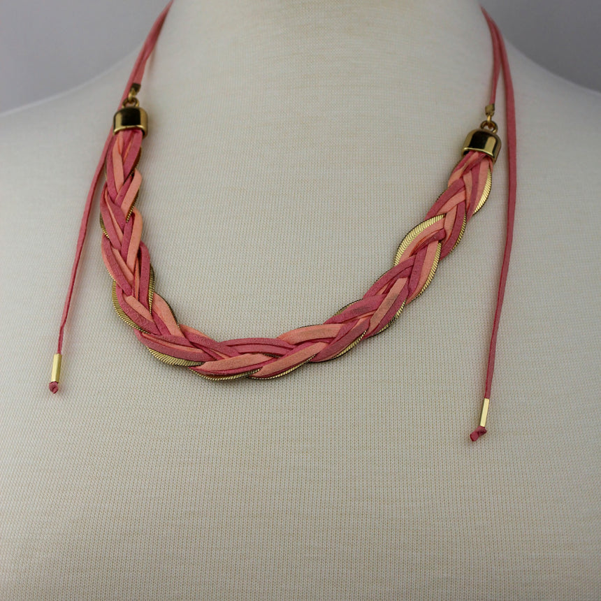 Braided Suede Lariat Necklace — Gold-Tone Chain, Pink Cord Ties, suede side out, worn on a mannequin