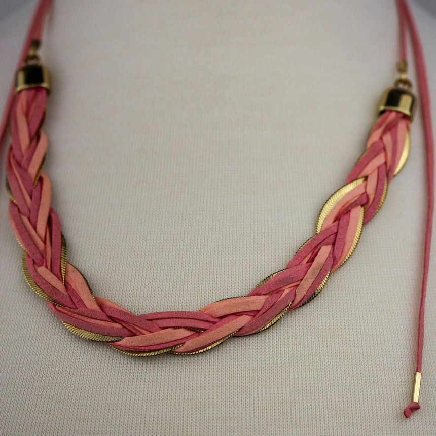 Braided Suede Lariat Necklace — Gold-Tone Chain, Pink Cord Ties, close-up of the suede dominant braid