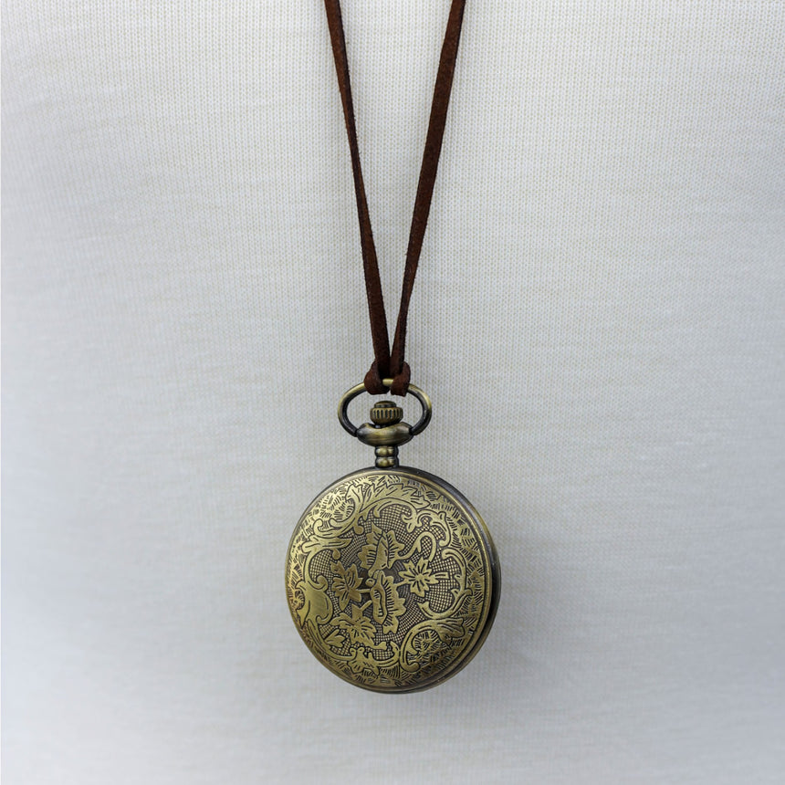 Pocket Watch Necklace — Bronze-Tone Alloy, Faux-Suede Cord, case back with knotted cord above