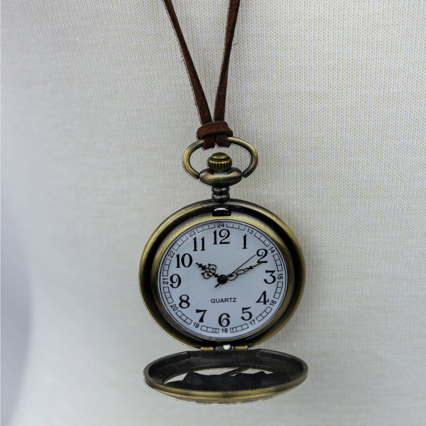 Pocket Watch Necklace — Bronze-Tone Alloy, Faux-Suede Cord, open case showing the white quartz dial