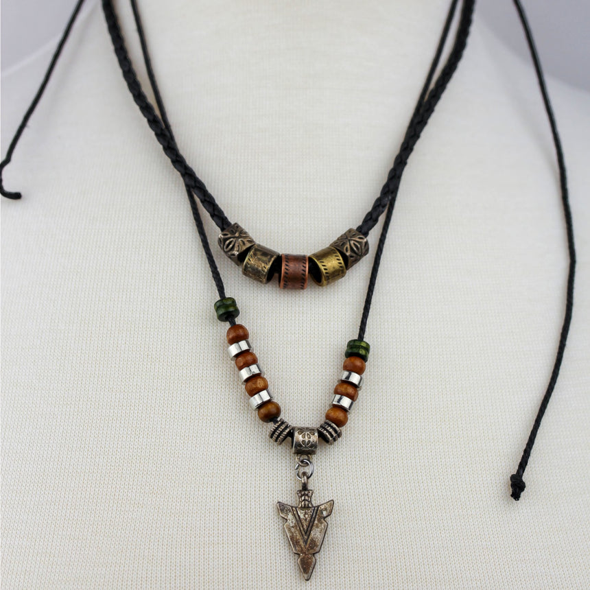 Arrowhead Double Cord Necklace — Wood Beads, Adjustable Cords, both strands worn with loose adjustable cord ends
