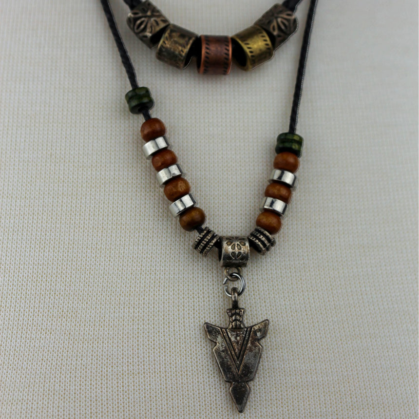 Arrowhead Double Cord Necklace — Wood Beads, Adjustable Cords, detail of the wood beads and arrowhead pendant