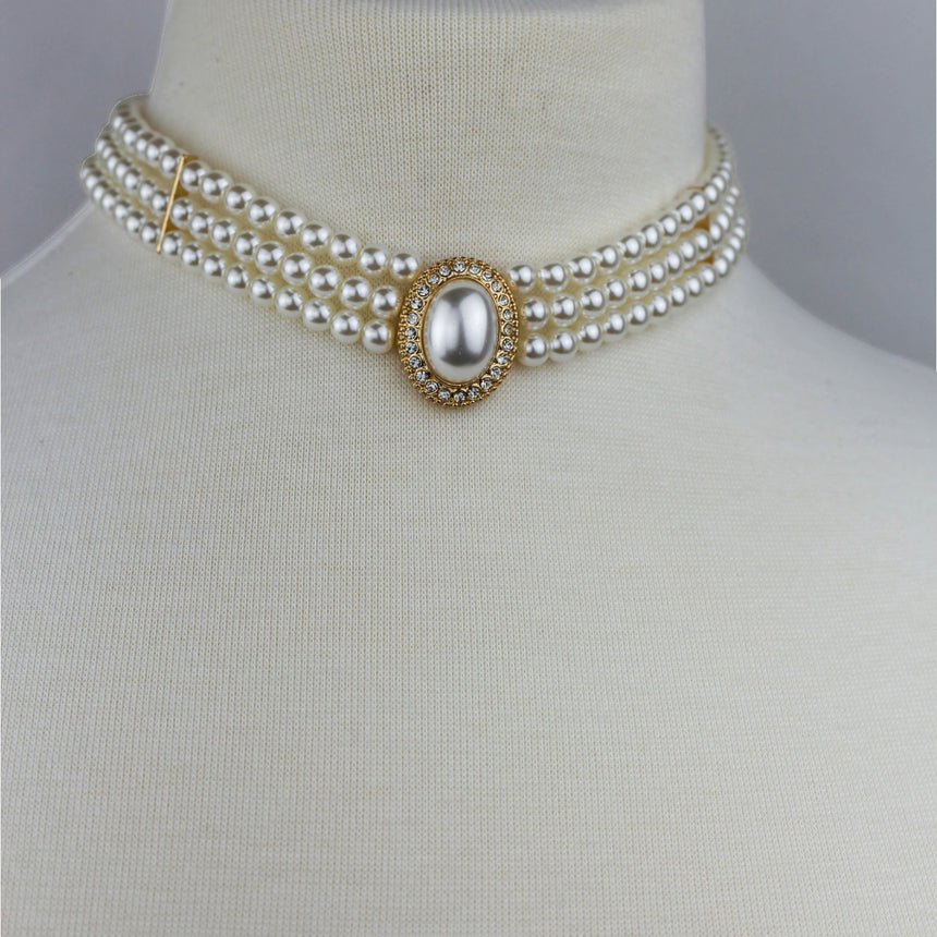 Three-Strand Pearl Choker — Faux Pearls, Rhinestone Halo, close view of the three pearl strands and centerpiece