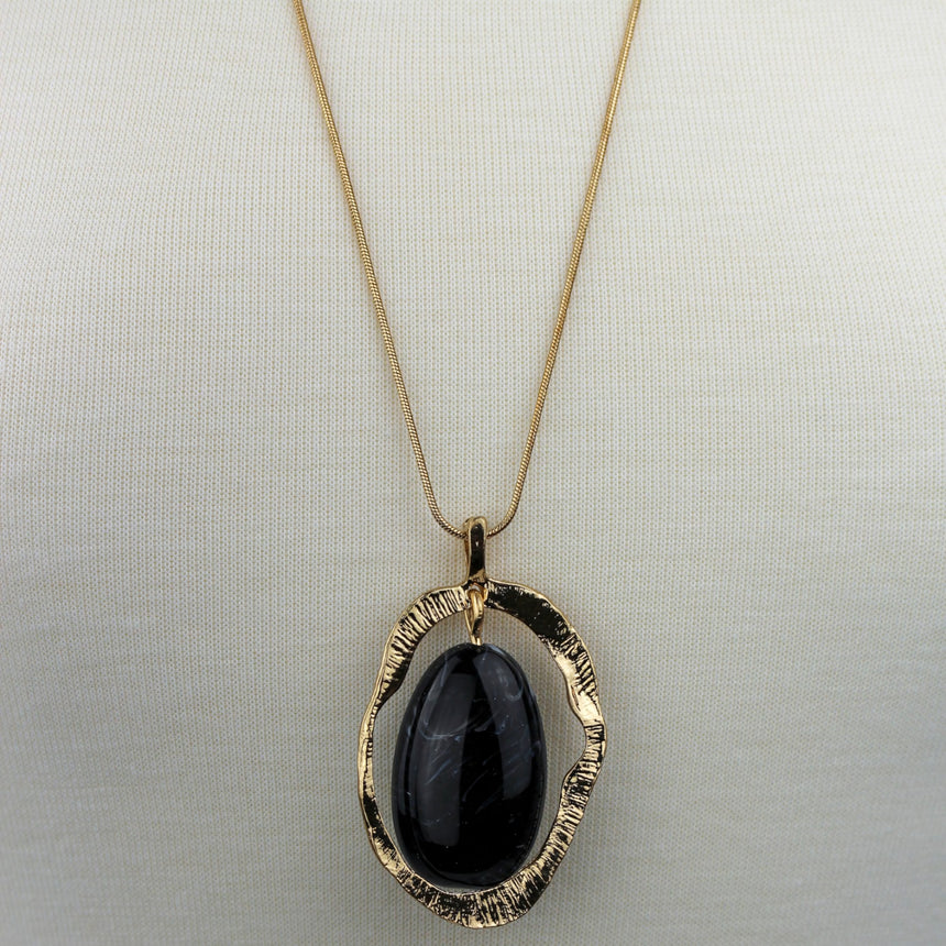 Marbled Cabochon Pendant — Hammered Gold-Tone Oval, Long Chain, pendant and snake chain front view