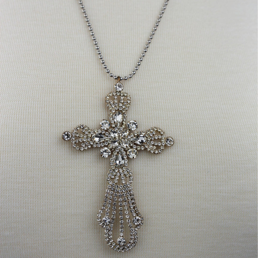 Rhinestone Cross Necklace — Silver-Tone Alloy, Ball Chain, closer view of the cross on the ball chain