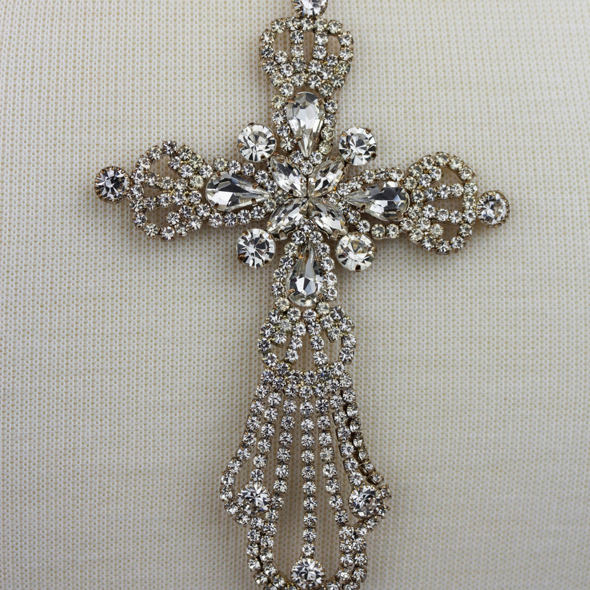 Rhinestone Cross Necklace — Silver-Tone Alloy, Ball Chain, close-up of the rhinestone-set cross