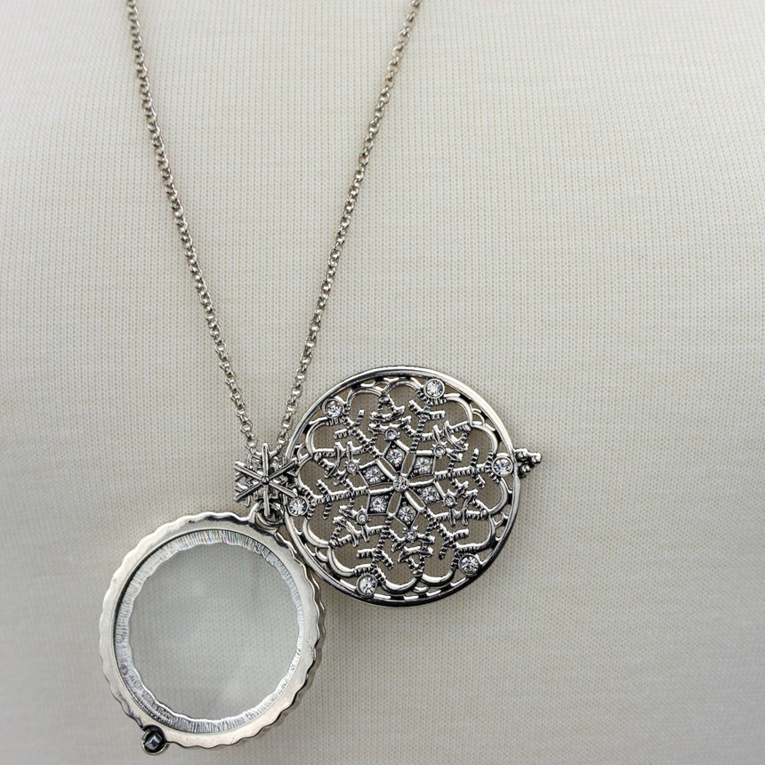 Snowflake Filigree Locket — Gunmetal-Tone Alloy, Magnifier, alternate view of the open locket