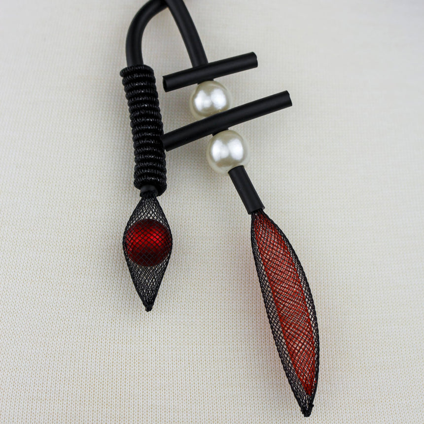 Modernist Mesh Pod Choker — Black Cord, Faux Pearls, close-up of the mesh pods and pearl bars