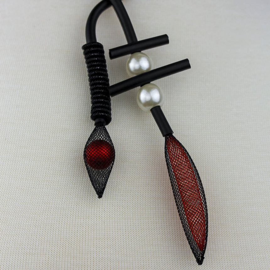Modernist Mesh Pod Choker — Black Cord, Faux Pearls, angled detail of both mesh pods