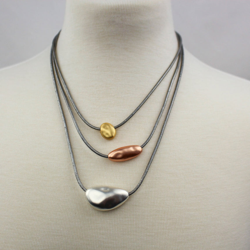 Three-Layer Pebble Necklace — Mixed-Tone Alloy, Gray Cords, front view showing gold, copper and silver pebble beads