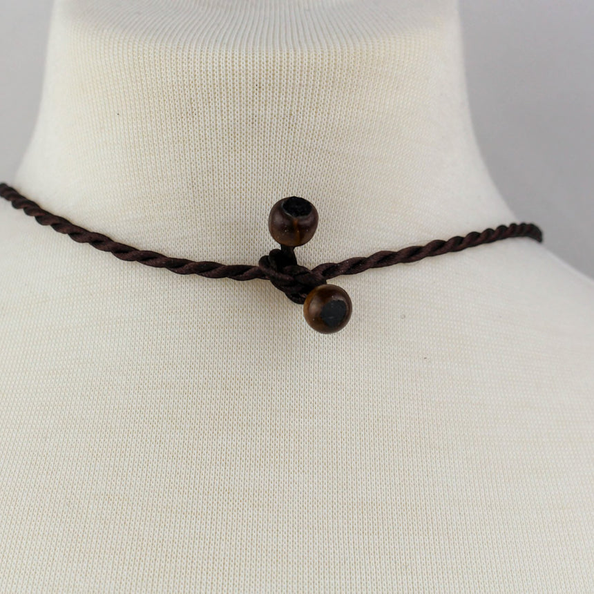 Boho Y Necklace — Red Oval Focal, Mixed Beads on Brown Cord, bead and loop toggle closure at the back of the neck
