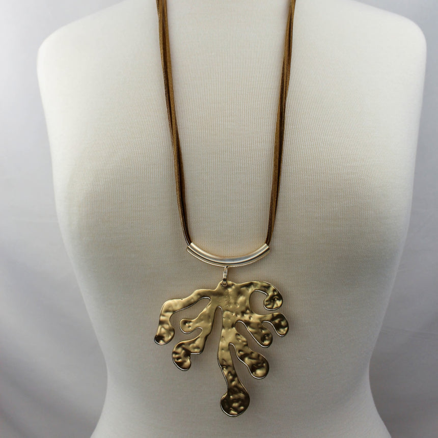 Hammered Leaf Necklace — Gold-Tone Alloy, Faux-Suede Cords, full-length view on a mannequin with layered brown cords