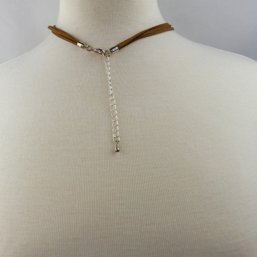 Hammered Leaf Necklace — Gold-Tone Alloy, Faux-Suede Cords, back view of the clasp and long extender chain