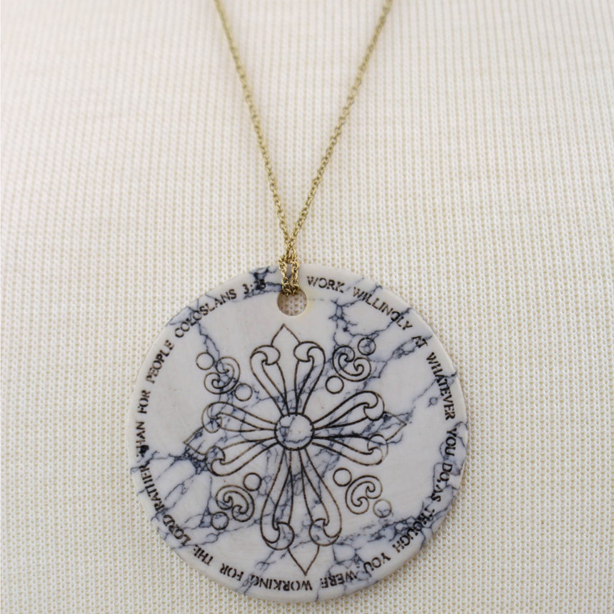Marble Look Disc Pendant — Printed Cross Reverse, Gold-Tone Chain, reverse side with printed cross and text ring