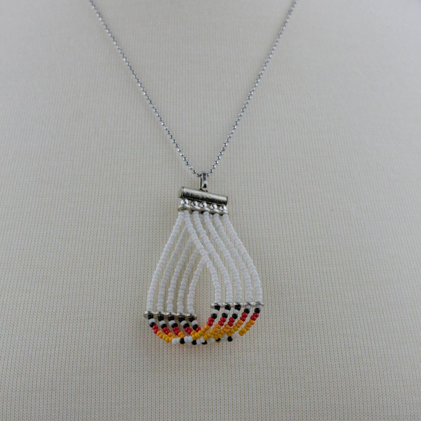 White Beaded Loop Necklace — Glass Seed Beads, Ball Chain, full view of the beaded loop pendant on a silver-tone ball chain