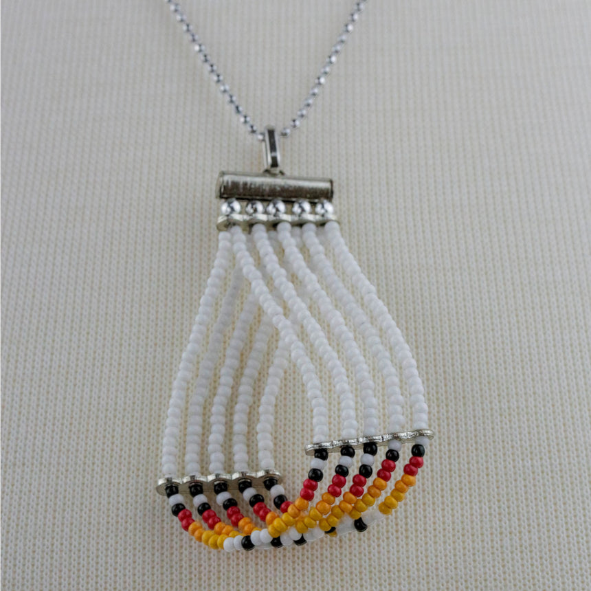 White Beaded Loop Necklace — Glass Seed Beads, Ball Chain, close-up of white bead strands with red, yellow and black tips