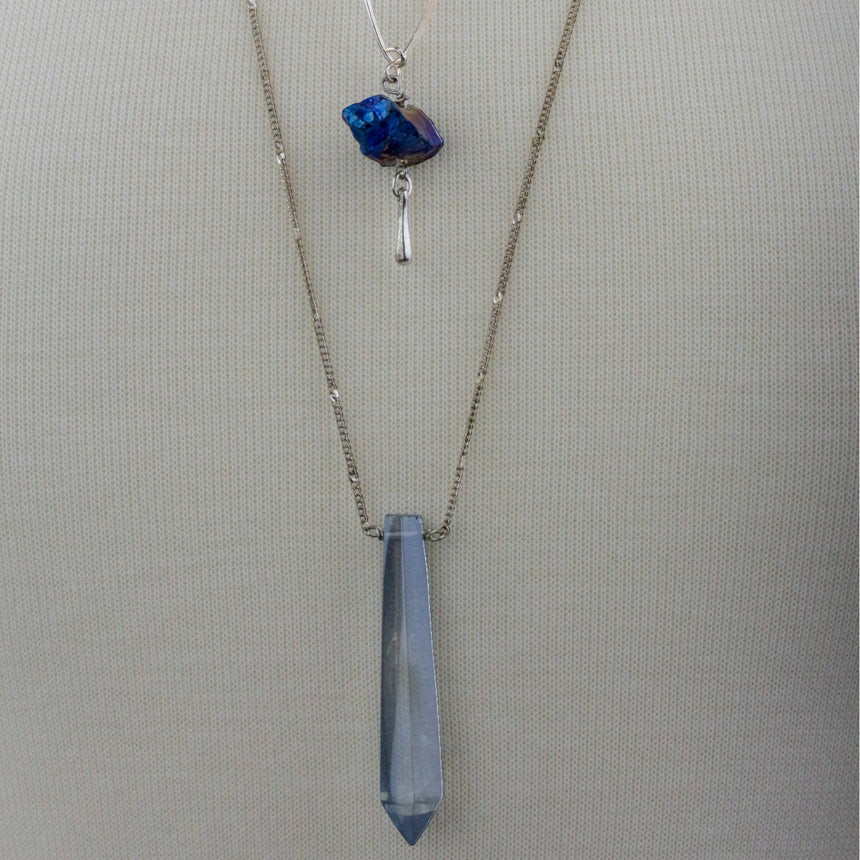 Blue Nugget Necklace Set — Silver-Tone Chains, Faceted Point, closer view of the nugget and faceted point together