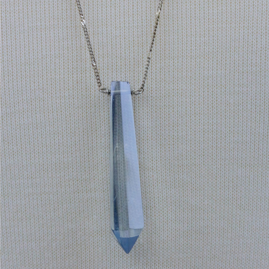 Blue Nugget Necklace Set — Silver-Tone Chains, Faceted Point, close-up of the pale blue faceted point pendant