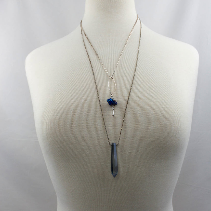 Blue Nugget Necklace Set — Silver-Tone Chains, Faceted Point, both layered chains on mannequin