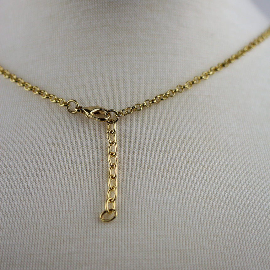 Half-Moon Medallion Necklace — Gold-Tone Alloy, Two Colors, Orange colorway, lobster clasp and extender chain detail