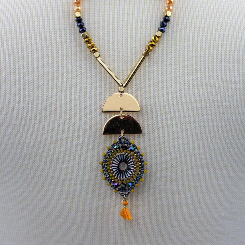 Half-Moon Medallion Necklace — Gold-Tone Alloy, Two Colors, Orange colorway, back view with clasp fastened