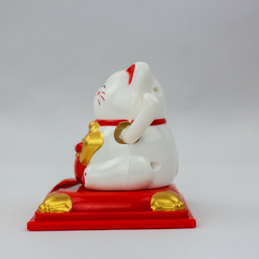 Solar Fortune Cat with Gourd and Money Bag, white side profile facing left with the gourd at its chest, red pedestal below