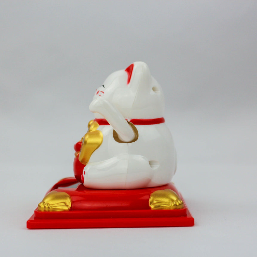 Solar Fortune Cat with Gourd and Money Bag, white left profile showing the raised paw beside its ear and gold corner ingots