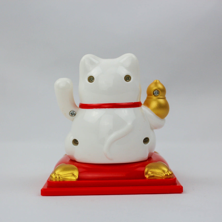 Solar Fortune Cat with Gourd and Money Bag, white back view with curled tail and the gourd peeking over its shoulder