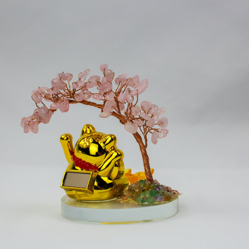 Solar Fortune Cat with Rose Quartz Gem Tree, rear three-quarter view showing the solar panel and gem chips on the base