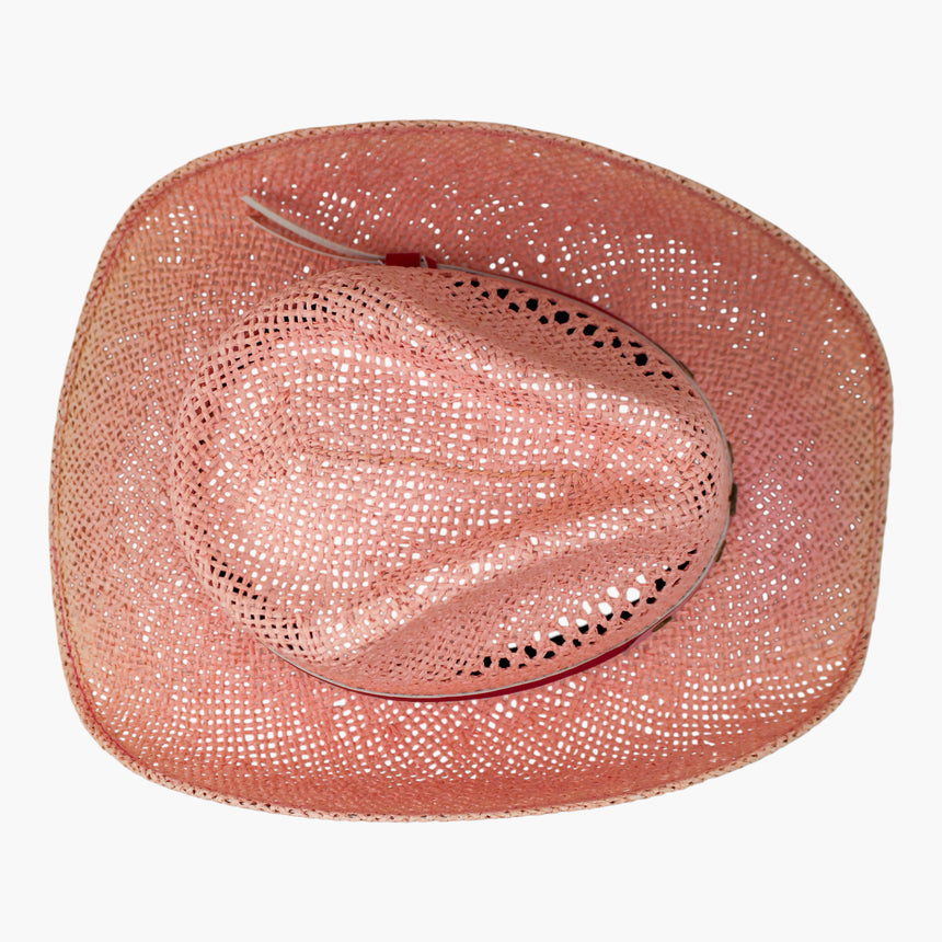 Pink-Ribbon Crochet Straw Western hat, seen from above showing the open-weave crown and its pinch-front crease