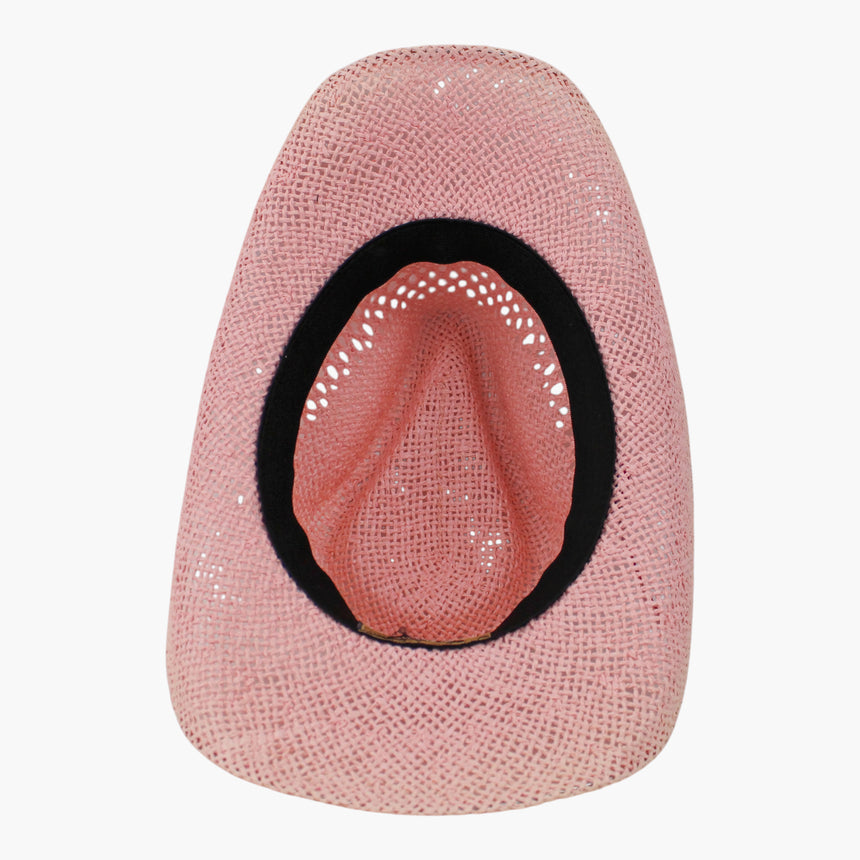 Pink-Ribbon Crochet Straw Western hat, underside showing the sweatband and the lattice openings in the crown