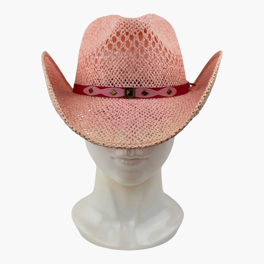 Pink-Ribbon Crochet Straw Western hat, front view showing the shaped pink overlay and its square studs