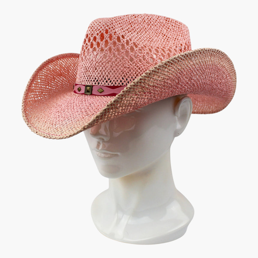 Pink-Ribbon Crochet Straw Western hat, at a three-quarter angle showing the studded overlay tapering toward the side