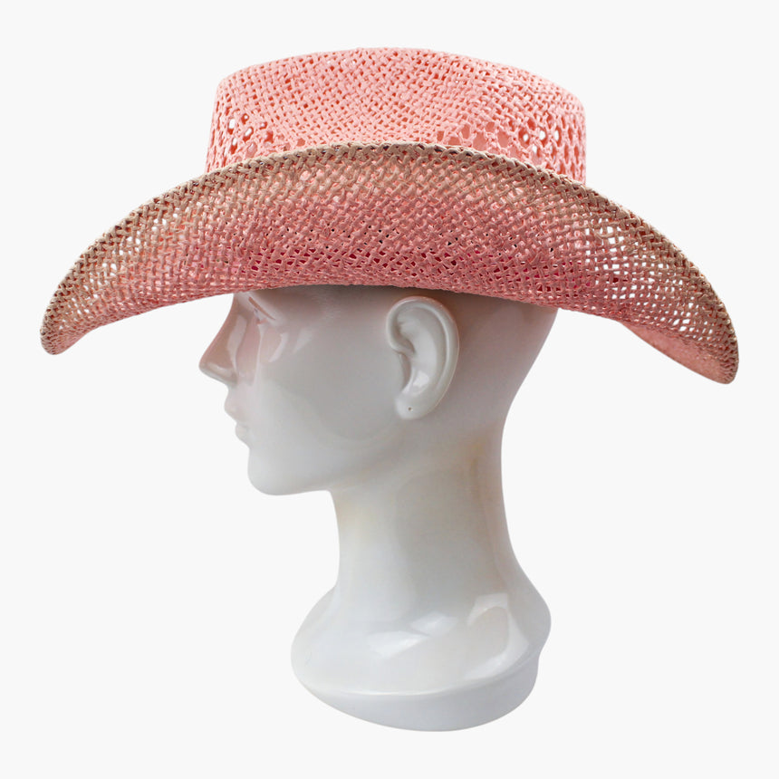 Pink-Ribbon Crochet Straw Western hat, in profile showing the two-tone brim edge and its curled rim