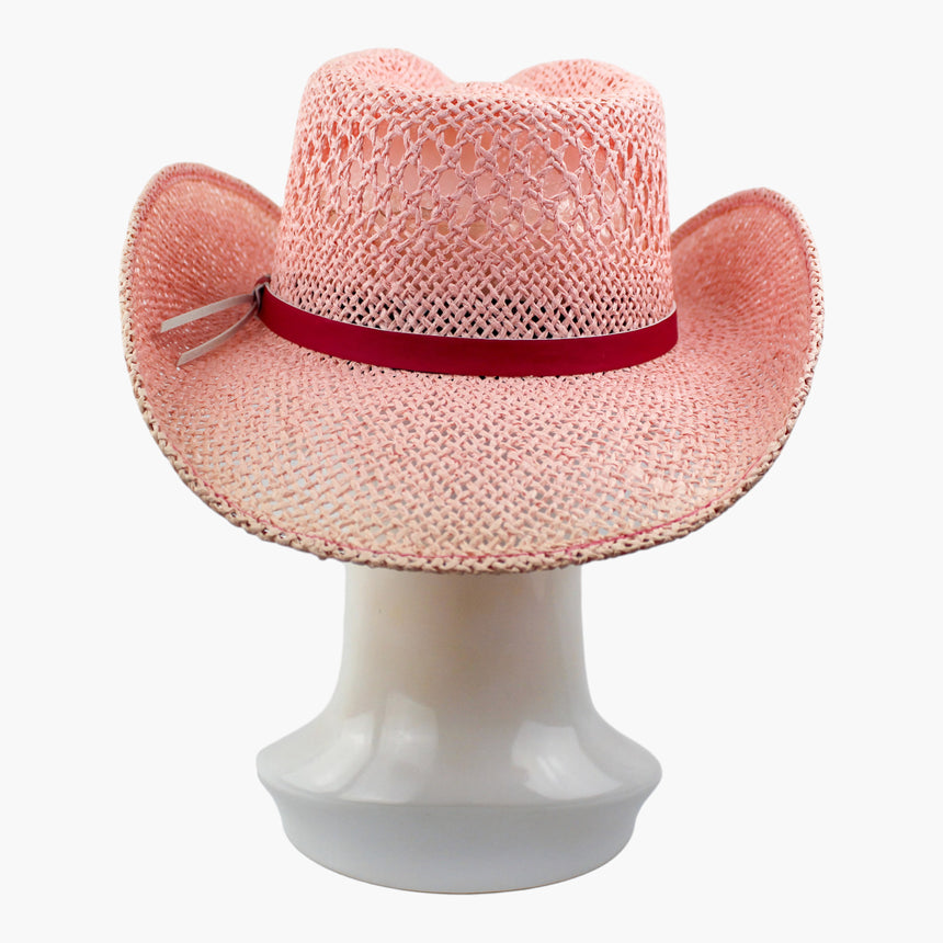 Pink-Ribbon Crochet Straw Western hat, back view showing the plain red-tone ribbon running across the band