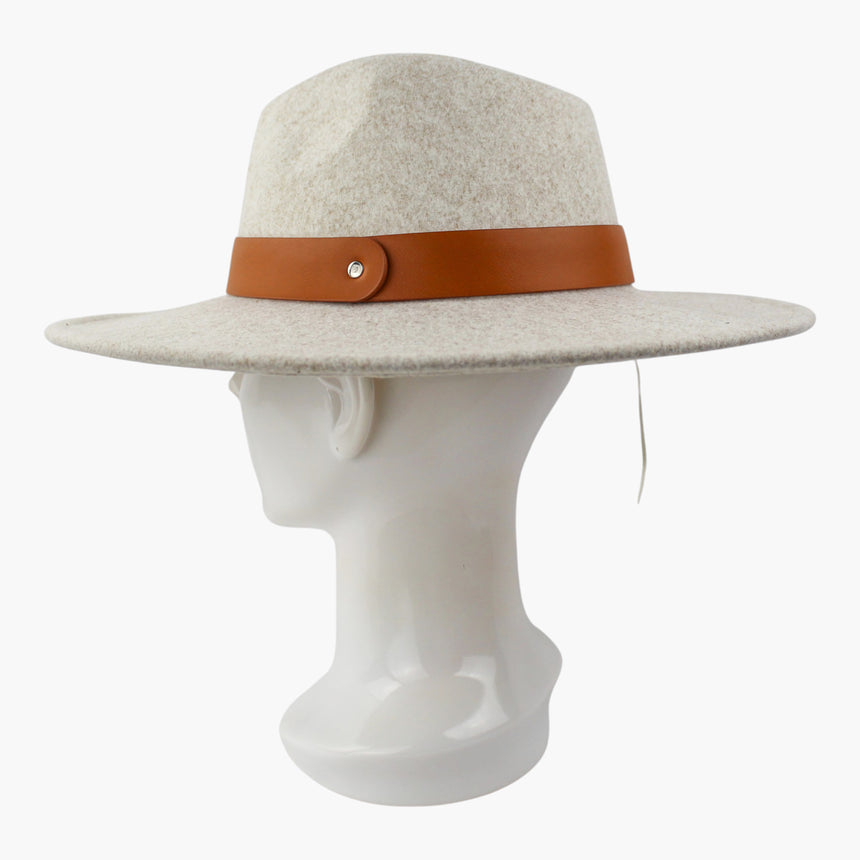 Plain-Strap Felt Fedora hat, in profile showing the rounded overlapping strap end closed with its snap stud