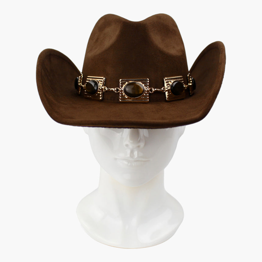 Plaque-Band Faux-Suede Western hat, front view showing the amber-tone oval cabochons set into ribbed plaques