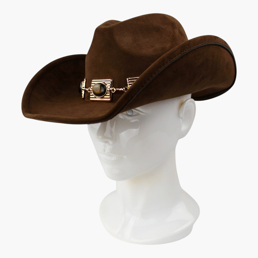 Plaque-Band Faux-Suede Western hat, at a three-quarter angle showing the bar links between the plaques toward the side