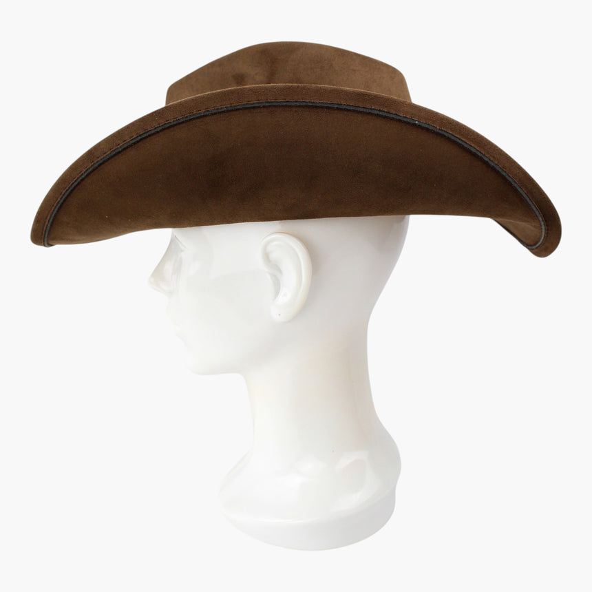 Plaque-Band Faux-Suede Western hat, in profile showing the dark contrast piping running the full brim edge
