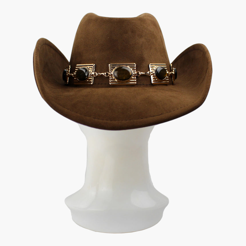 Plaque-Band Faux-Suede Western hat, back view showing the smaller dark round cabochons between the back plaques
