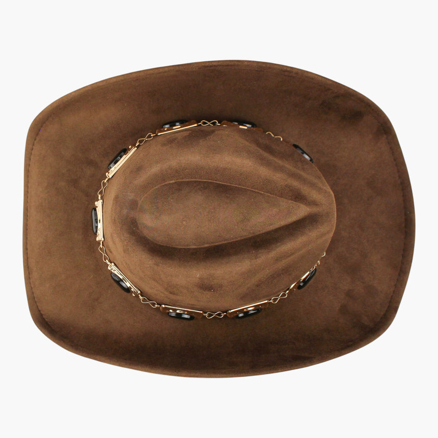 Plaque-Band Faux-Suede Western hat, seen from above showing the plaque-and-cabochon chain circling the entire crown base
